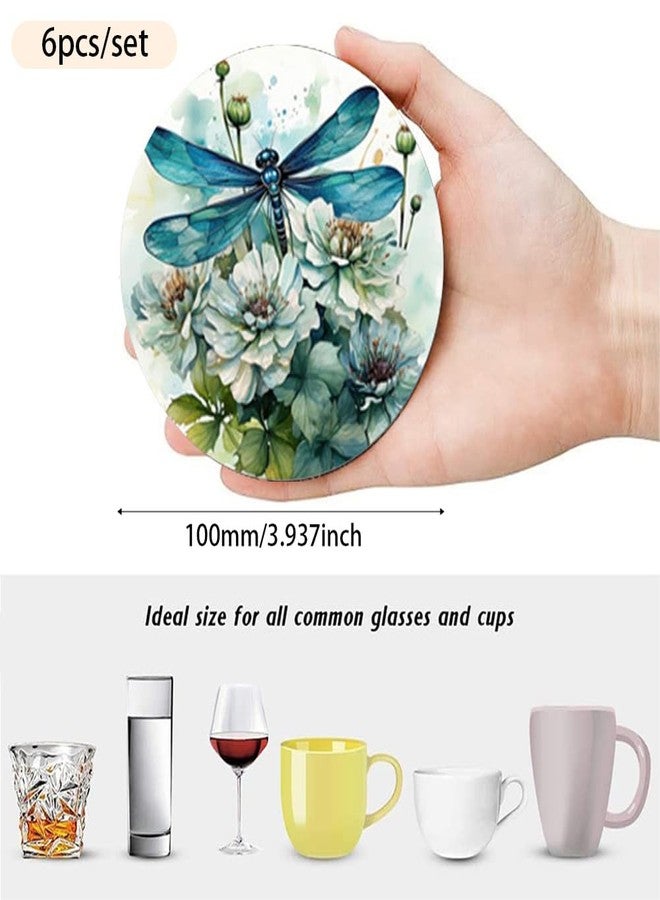 CALFOVERA 6PCS Dragonfly Floral Coasters 4 Inch Round Absorbent Wooden Cup Holders with Cork Base Tabletop Protection Coffee Mugs Wood Mats Coasters Saucers Pads for Drinks Christmas Decoration Gift - Image 2